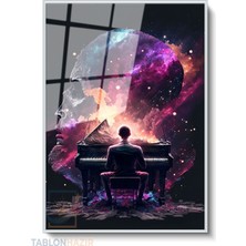 Tablonhazır Dikey Çerçeveli Cam Galaksi Piyano Modern Ev Dekoru Duvar Sanatı Ev Ofis Tablosu