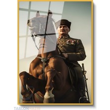 Tablonhazır Dikey Çerçeveli Cam Ataturk At Ustunde Modern Ev Dekoru Duvar Sanatı Ev Ofis Tablosu