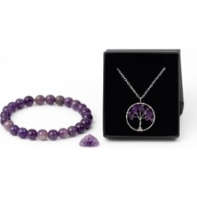 Efulim Doğaltaş Ametist Doğal Taş Set, El Yapımı Bileklik ve Hayat Ağacı Kolye, Hediye Kutulu, Spiritüel Takı