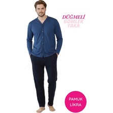 Alimer Erkek İndigo V Yaka Önden Düğmeli Pamuk Likra Mevsimlik Uzun Kol Cepli Pijama Takımı