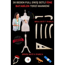 Manken İstanbul 38 Beden Full İğne Batabilen Dikiş Setli ve Riga Setli Terzi Mankeni Beyaz Takım