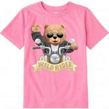 Colermi Pamuk Kumaş Çocuk Tişörtü – Wild Rider Ayı Motosiklet Baskılı Unisex Çocuk T-Shirt