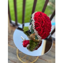 Gelin Çiçeği ve Damat Yaka Çiçeği Kırmızı Gül Demeti! Nişan Düğün Buketi Taşlı