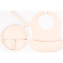 Just Cheap Store Krem Rengi 3’lü Silikon Yemek Seti – Önlük + Diş Kaşıyıcılı Kaşık + Vakumlu Tabak