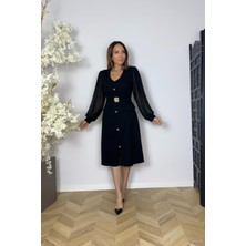 G1676 Şifon Kol Düğme Detaylı Elbise Siyah