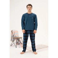 Estiva Düz Renk Kareli Uzun Kol Polar Erkek Pijama Takım