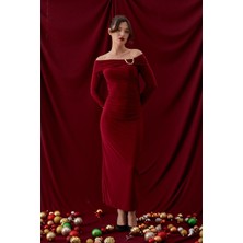 Shopping Shop Madonna Yaka Tokalı Uzun Elbise Bordo