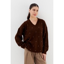 Shopping Shop V Yaka Taşlı Kazak Kahve