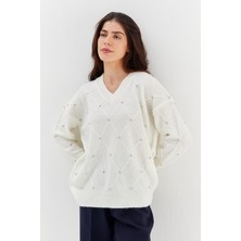 Shopping Shop V Yaka Taşlı Kazak Ekru