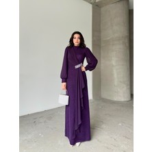 Serica Moda Mürdüm Taş Detaylı Uzun Kol Simli Abiye Elbise