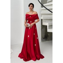 Serica Moda Kırmızı Düşük Omuz Straplez Taşlı Saten Abiye Elbise