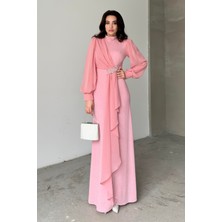 Serica Moda Pembe Taş Detaylı Uzun Kol Simli Abiye Elbise