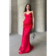 Serica Moda Kırmızı Taş Askılı Bel Detaylı Saten Abiye Elbise