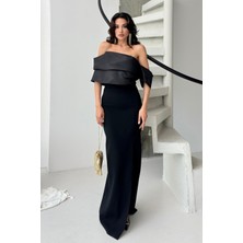 Serica Moda Siyah Yaka Detaylı Yırtmaçlı Abiye Elbise