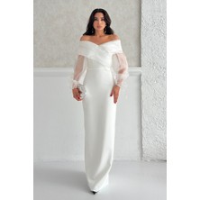 Serica Moda Beyaz Şifon Kol Detaylı Düşük Omuz Balık Abiye Elbise