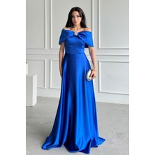 Serica Moda Saks Mavi Önü Taşlı Fiyonk Detaylı Abiye