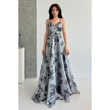 Serica Moda Gri Desenli Askılı Astarlı Organze Abiye Elbise