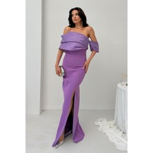 Serica Moda Lila Yaka Detaylı Yırtmaçlı Abiye Elbise