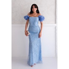 Serica Moda Bebe Mavi Balon Kol Detaylı Payet Işlemeli Straplez Abiye Elbise