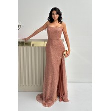 Serica Moda Pudra Boncuk Işlemeli Kol Detaylı Straplez Abiye Elbise