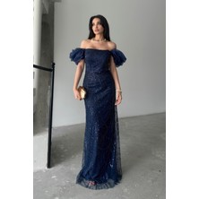 Serica Moda Lacivert Balon Kol Detaylı Payet Işlemeli Straplez Abiye Elbise