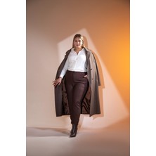 Roxxlen 207516 Büyük Beden Paça Detayli Kadın Pantolon Kahverengi