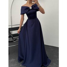 Serica Moda Lacivert Önü Taşlı Fiyonk Detaylı  Abiye