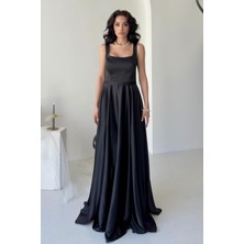 Serica Moda Siyah Kare Yaka Askılı Saten Abiye Elbise