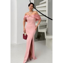 Serica Moda Pudra Kayık Yaka Inci Detaylı Abiye Elbise