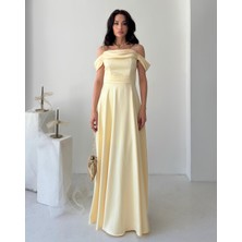 Serica Moda Sarı Taş Askılı Düşük Kol Saten Abiye