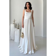 Serica Moda Beyaz Kare Yaka Askılı Saten Abiye Elbise