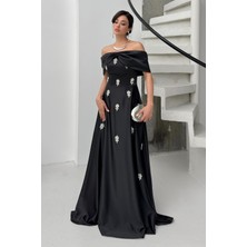 Serica Moda Siyah Düşük Omuz Straplez Taşlı Saten Abiye Elbise