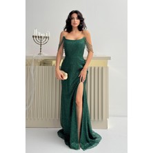 Serica Moda Zümrüt Boncuk Işlemeli Kol Detaylı Straplez Abiye Elbise