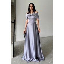 Serica Moda Gri Önü Taşlı Fiyonk Detaylı Abiye