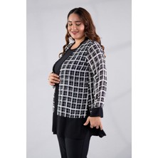 Roxxlen 8022 Kadın Büyük Beden Ekose Desenli Atletli - Hırka Siyah-Beyaz