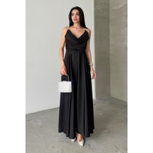 Serica Moda Siyah Zincir Asklı Göğüs Drapeli Abiye Elbise