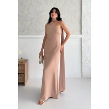 Serica Moda Bej Fular Detaylı Tek Omuz Elbise