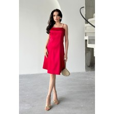 Serica Moda Kırmızı Kat Detaylı Askılı Saten Mini Abiye Elbise