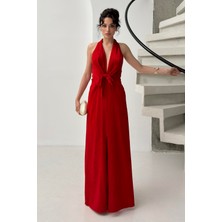 Serica Moda Kırmızı Desenli Ön Bağlamalı Sıfır Kol Elbise