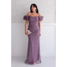 Serica Moda Lila Balon Kol Detaylı Payet Işlemeli Straplez Abiye Elbise