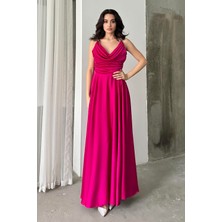 Serica Moda Fuşya Zincir Asklı Göğüs Drapeli Abiye Elbise