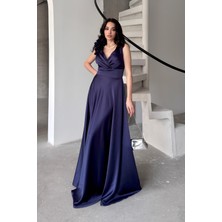 Serica Moda Lacivert Kruvaze Yaka Omuz Detaylı Saten Abiye Elbise