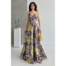 Serica Moda Sarı Desenli Askılı Astarlı Organze Abiye Elbise