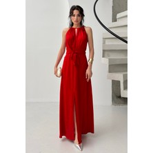 Serica Moda Kırmızı Bağlama Detaylı Yırtmaçlı Saten Elbise