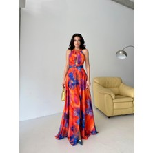 Serica Moda Turuncu Desenli Halter Yaka Tasarım Şifon Abiye Elbise