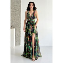 Serica Moda Yeşil Desenli Bağlamalı  Yırtmaç Detaylı Maxi Şifon Abiye