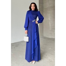 Serica Moda Saks Mavi Taş Detaylı Uzun Kol Simli Abiye Elbise