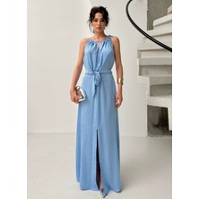 Serica Moda Mavi Bağlama Detaylı Yırtmaçlı Saten Elbise