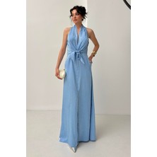 Serica Moda Mavi Desenli Ön Bağlamalı Sıfır Kol Elbise