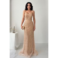 Serica Moda Bej Boncuk Işlemeli  Payetli Straplez Abiye Elbise